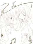  alice_margatroid bad_id bad_pixiv_id beamed_eighth_notes blush dancing detached_sleeves eighth_note greyscale hairband hakurei_reimu monochrome multiple_girls musical_note necktie quarter_note sharp_sign short_hair smile touhou treble_clef yjy 