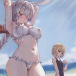  2girls animal_ear_fluff animal_ears arms_up bikini black_one-piece_swimsuit black_souls black_souls_2 blonde_hair blue_eyes blue_sky blush bow braid breasts closed_mouth frilled_bikini frills hair_between_eyes hair_bow highres long_hair multiple_girls navel node_(black_souls) one-piece_swimsuit one_eye_closed rabbit_ears red_bow red_eyes red_hood_(black_souls) short_hair sky swimsuit white_bikini white_hair wrangelina 