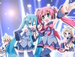  3girls :d armpits cosplay grin guitar hatsune_miku instrument kagamine_len kagamine_rin keyboard_(instrument) lens_flare microphone minami_(colorful_palette) multiple_girls music one_eye_closed open_mouth original sakura_koiro singing smile synthesizer thighhighs twintails vocaloid 