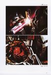  axe battle damaged energy_sword fire gm_(mobile_suit) gundam highres mecha mobile_suit_gundam morishita_naochika no_humans scan sword weapon z'gok zaku zaku_ii zaku_ii_f/j 