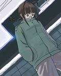  akizuki_ritsuko antenna_hair braid brown_eyes brown_hair dutch_angle from_below glasses hands_in_pockets idolmaster idolmaster_(classic) idolmaster_1 inu_(aerodog) sidelocks solo twin_braids walking 