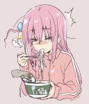  >_< 1girl ^^^ blush bocchi_the_rock! chopsticks commentary_request cube_hair_ornament cup_ramen eating expressive_hair facing_viewer food food_in_mouth gotoh_hitori hair_between_eyes hair_ornament highres holding holding_chopsticks jacket kuroi_mimei long_hair noodles nose_blush one_side_up pink_hair pink_jacket sidelocks sketch solo speech_bubble straight_hair track_jacket twitter_username upper_body very_long_hair 