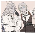  2boys adjusting_eyewear alternate_costume arm_belt azumi0aikawa belt black_gloves black_necktie black_pantyhose black_vest blue_eyes border braid cat_tail chest_strap collared_shirt earrings feather_hair_ornament feathers final_fantasy final_fantasy_ix frilled_sleeves frills glasses gloves grey_background grey_hair hair_ornament hair_ribbon jewelry kuja long_hair low_ponytail male_focus multiple_belts multiple_boys necktie pantyhose parted_bangs pectorals ponytail ribbon shirt single_braid tail upper_body vest white_border white_shirt zidane_tribal 