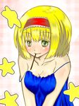  alice_margatroid bad_id bad_pixiv_id bare_shoulders blonde_hair blush breasts collarbone food green_eyes hairband looking_at_viewer medium_breasts mouth_hold pocky short_hair solo star strap_slip touhou yjy 