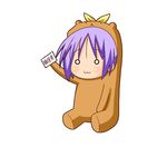  :3 animal_costume arm_up bear_costume bear_tsukasa capybara-san chibi hiiragi_tsukasa lowres lucky_star minami_(colorful_palette) o_o purple_hair short_hair simple_background sitting solo ticket 