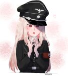  1girl absurdres alternate_costume artist_name belt_buckle black_shirt breast_pocket buckle buttons cup fang fate_(series) hat heart highres illyasviel_von_einzbern kotelade long_hair military_hat military_uniform nazi original pocket red_eyes reichsadler shirt swastika tea teacup totenkopf white_hair 