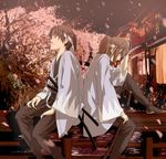  bad_id bad_pixiv_id brown_hair cherry_blossoms haori headband japanese_clothes katana male_focus neemui original shinsengumi sitting solo sword weapon 