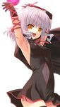  amano_yuu armpits arms_up bell_zephyr cape dress flat_chest navel night_wizard orange_eyes ribbon short_dress short_hair silver_hair solo thighhighs zettai_ryouiki 