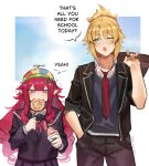  2girls absurdres aged_down baobhan_sith_(fate) blonde_hair blush candy deccatezu fate/grand_order fate_(series) food green_eyes grey_eyes hand_in_pocket highres lollipop long_hair looking_at_viewer mordred_(fate) multiple_girls one_eye_closed pointy_ears propeller_hat school_uniform short_hair siblings sisters smile speech_bubble 
