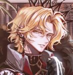  1boy alternate_costume aqua_eyes barbell_piercing black_gloves blonde_hair cape chinese_commentary coat collared_coat curtained_hair ear_covers ear_piercing earrings fur-trimmed_cape fur_trim gem gloves holding_another&#039;s_hair jewelry lars_rorschach looking_down lovebrush_chronicles male_focus parted_bangs parted_lips piercing pointed_crown portrait red_gemstone red_shirt shirt short_hair single_ear_cover single_earring snow234 solo turtleneck turtleneck_shirt white_coat 