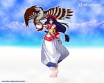  artist_request black_hair bow character_name creature full_body long_hair long_skirt long_sleeves looking_at_viewer low-tied_long_hair mamahaha nakoruru red_bow samurai_spirits skirt solo standing white_skirt wings 