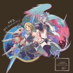  2boys anniversary ascot azumi0aikawa bare_shoulders belt black_nails black_thighhighs blonde_hair blue_eyes blue_pants blue_wrist_cuffs border brown_belt brown_border castle cat_tail codpiece collared_shirt copyright_name cowboy_shot cropped_jacket cropped_vest dragon feather_hair_ornament feathers final_fantasy final_fantasy_ix fingernails gloves grey_eyes grey_gloves grey_hair hair_ornament hand_on_own_hip holding holding_weapon jacket kuja long_fingernails long_hair low_ponytail male_focus midriff multiple_boys nail_polish navel pants parted_bangs parted_lips ponytail purple_jacket shirt showgirl_skirt skull sleeveless sleeveless_shirt smile tail thighhighs trap vest weapon white_ascot white_shirt white_sleeves wide_sleeves wrist_cuffs zidane_tribal 