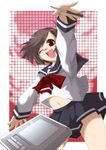  bad_id bad_pixiv_id brown_eyes brown_hair cellphone copyright_request glasses happy midriff one_eye_closed phone school_uniform short_hair skirt solo yamazaki_kazu 