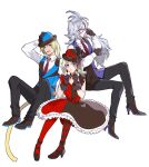  1girl 2boys adjusting_eyewear alternate_costume argyle_clothes argyle_pantyhose asymmetrical_legwear azumi0aikawa black_dress black_gloves black_hat black_pants black_shoes black_vest blonde_hair blue_eyes blue_hat blue_vest breasts cat_tail collared_shirt detached_collar dissidia_final_fantasy dress earrings feather_hair_ornament feathers final_fantasy final_fantasy_ix final_fantasy_vi frilled_sleeves frills full_body glasses gloves grey_hair hair_ornament hand_on_headwear hat high_heels jewelry kuja light_smile long_hair medium_breasts multiple_boys necktie open_mouth pants parted_bangs ponytail purple_eyes red_dress red_hat red_necktie shirt shoes sitting smile tail terra_branford two-tone_dress two-tone_hat two-tone_vest vest waistcoat wavy_hair white_background white_shirt zidane_tribal 