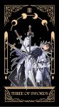  1boy absurdres arched_back arm_at_side ayn_alwyn ayn_alwyn_(dreamland_wonder) black_background black_cape black_gloves black_hair black_pants black_shirt brooch cape card_(medium) closed_eyes coat english_text feet_out_of_frame fish_skeleton_hair_ornament frown gloves hair_between_eyes highres holding holding_sword holding_weapon jewelry long_sleeves lovebrush_chronicles male_focus moon_phases multiple_swords mystical_high_collar outline pants parted_lips roman_numeral shirt short_hair simple_background solo stab standing sword tarot tarot_(medium) three_of_swords torn_cape torn_clothes weapon white_coat white_outline ya_ji_zhou 