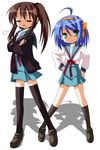  ahoge cosplay genderswap genderswap_(mtf) highres hirano_aya izumi_konata kita_high_school_uniform kyonko kyonko_(cosplay) lucky_star mole mole_under_eye multiple_girls nagamori_yamato rindou_(awoshakushi) school_uniform seiyuu_connection serafuku suzumiya_haruhi suzumiya_haruhi_(cosplay) suzumiya_haruhi_no_yuuutsu thighhighs 