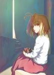  arcueid_brunestud blonde_hair cat len len_(cat) long_skirt looking_back petting purple_skirt red_eyes short_hair skirt solo sweater tsukihime turtleneck yukino_koreyuki 