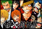  6+boys black_hair blonde_hair blue_hair cigarette colorized earrings everyone eyebrows eyewear_on_head franky green_hair grin hair_over_one_eye hat jewelry long_nose male_focus monkey_d_luffy multiple_boys multiple_girls nami_(one_piece) nico_robin one_eye_closed one_piece orange_hair roronoa_zoro sanji scar smile smoking straw_hat sunglasses third-party_edit tony_tony_chopper usopp watsuki_nobuhiro 