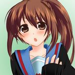  blush brown_eyes brown_hair genderswap genderswap_(mtf) kita_high_school_uniform kyonko lowres school_uniform solo suzumiya_haruhi_no_yuuutsu yusya 