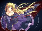  bare_shoulders blonde_hair breasts cleavage dress fate_testarossa from_above gloves large_breasts long_hair lyrical_nanoha mahou_shoujo_lyrical_nanoha_strikers red_eyes ribbon solo t-ray twintails very_long_hair water work_in_progress 