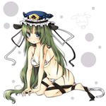  alternate_hairstyle animal_ears barefoot bikini blue_eyes breasts cow_ears cow_girl cow_tail green_hair hat large_breasts long_hair shiki_eiki solo swimsuit tail touhou umi_(umi02) very_long_hair wardrobe_malfunction 