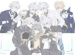  1girl 6+boys ? annann_nna antenna_hair arm_around_neck black_gloves black_jacket black_pants black_shirt black_skirt blonde_hair blue_eyes clone_harem closed_mouth commentary couch flame_reaver_of_the_deepest_dark frown gloves grey_hair heart hetero highres holding_another&#039;s_arm honkai:_star_rail honkai_(series) jacket long_hair looking_at_another looking_at_viewer male_harem multiple_boys multiple_persona official_alternate_costume on_couch pants phainon_(anan)_(honkai:_star_rail) phainon_(fashion)_(honkai:_star_rail) phainon_(honkai:_star_rail) phainon_(khaslana)_(honkai:_star_rail) red_eyes shirt simple_background sitting skirt smile spoken_heart spoken_question_mark standing stelle_(honkai:_star_rail) surrounded sweatdrop trailblazer_(honkai:_star_rail) white_background white_hair white_shirt yellow_eyes 
