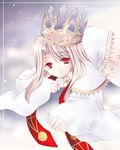  crown delusion_syndrome dress dress_of_heaven fate/stay_night fate_(series) illyasviel_von_einzbern long_hair lying red_eyes silver_hair snow solo thighhighs white_hair 