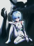  ayanami_rei bangs blue_hair bodysuit bracer breasts clenched_hand closed_mouth eva_01 expressionless full_body gloves glowing glowing_eyes hair_between_eyes hair_ornament head_tilt horn knee_up looking_at_viewer mecha neon_genesis_evangelion number pale_skin pilot_suit plugsuit red_eyes short_hair signature silhouette sitting small_breasts solo turtleneck white_bodysuit 
