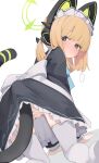  1girl animal_ear_headphones animal_ears black_skirt blonde_hair blue_archive cat_ear_headphones cat_ears fake_animal_ears from_behind green_eyes green_halo grey_thighhighs halo headphones highres kneeling looking_at_viewer looking_back maid maid_headdress midori_(blue_archive) midori_(maid)_(blue_archive) mikozin official_alternate_costume pussy_juice short_hair simple_background skirt solo tail thighhighs white_background 