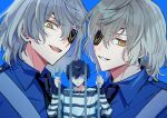  3boys 4k10r1 akechi_gorou amamiya_ren black_eyes black_hair black_necktie blue_background blue_shirt caroline_(persona_5) caroline_(persona_5)_(cosplay) cosplay cuffs dual_persona eyepatch grey_hair hair_between_eyes iron_bars justine_(persona_5) justine_(persona_5)_(cosplay) long_sleeves looking_at_viewer male_focus medium_hair multiple_boys necktie open_mouth partially_shaded_face persona persona_5 portrait shackles shirt simple_background smile striped_clothes striped_shirt sweatdrop two-tone_shirt white_shirt yellow_eyes 