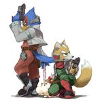  doseisan falco_lombardi fox_mccloud furry gloves green_eyes gun headset mother_(game) multiple_boys nemurism scarf star_fox super_smash_bros. tail weapon 