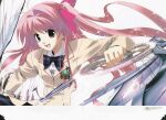  1girl :d absurdres bow bowtie chaos;head d-sword hair_bow hair_ribbon highres holding holding_sword holding_weapon long_hair long_sleeves looking_at_viewer non-web_source official_art open_mouth pink_hair ribbon sakihata_rimi sasaki_mutsumi school_uniform science_adventure shirt smile solo suimei_academy_school_uniform sword weapon 