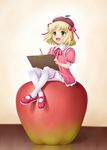  amane_(funfun) apple beret blonde_hair bloomers crossed_legs drawing food food_themed_clothes fruit green_eyes hat mary_janes original pantyhose shoes short_hair sitting solo underwear 