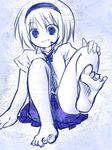  alice_margatroid bad_feet bad_id bad_pixiv_id barefoot feet lowres necktie short_hair skirt solo touhou yjy 