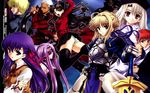  5girls archer artist_request artoria_pendragon_(all) black_hair blonde_hair emiya_shirou everyone fate/stay_night fate_(series) gilgamesh green_eyes hat highres illyasviel_von_einzbern long_hair matou_sakura multiple_boys multiple_girls panties purple_eyes purple_hair red_eyes ribbon rider saber short_hair silver_hair toosaka_rin underwear very_long_hair 