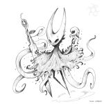  1girl absurdres arthropod_girl artist_name chinese_commentary cloak commentary_request crest_(hollow_knight) floating full_body highres holding holding_weapon holding_with_tentacle hollow_eyes hollow_knight hollow_knight:_silksong horned_mask hornet_(hollow_knight) horns mask needle_(hollow_knight) no_mouth simple_background tentacles thiago_lehmann weapon white_background 