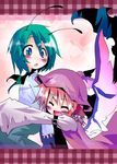  animal_ears antennae blush fang glomp green_eyes green_hair happy hat hug kuroneko_no_toorimichi multiple_girls mystia_lorelei no_nose pink_hair surprised touhou wings wriggle_nightbug 