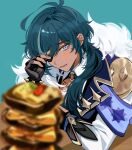  "once_upon_a_time_in_mondstadt"_(genshin_impact) "pile_'em_up"_(genshin_impact) +_+ 1boy 4k10r1 adjusting_eyewear antenna_hair aqua_background black_gloves blue_eyes blue_hair blurry blurry_foreground blush bracelet commentary_request dark-skinned_male dark_skin earrings elbow_on_table eyepatch fingerless_gloves food fur_trim genshin_impact gloves gold_trim hair_between_eyes hair_over_shoulder hand_on_eyewear highres jewelry kaeya_(genshin_impact) long_hair long_sleeves looking_at_food male_focus parted_lips simple_background solo spiked_bracelet spikes sweatdrop table 