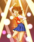  ;d brown_hair clothes_writing disco gundam gundam_00 hajime_(caramel_toone) lisa_kujo long_sleeves one_eye_closed open_mouth pleated_skirt saturday_night_fever skirt smile solo sparkle stage_lights standing sumeragi_lee_noriega 