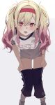  1girl absurdres bare_arms blonde_hair blue_shorts blush breasts clothes_pull commentary_request feet_out_of_frame gradient_hair gym_shirt gym_shorts gym_uniform hair_between_eyes hair_intakes hairband highres leaning_forward long_hair looking_at_viewer lower_teeth_only multicolored_hair name_tag nemu_(jdgz3357) open_mouth partial_commentary pink_eyes pink_hair project_sekai red_hairband shirt short_sleeves shorts shorts_pull sidelocks simple_background socks solo standing t-shirt teeth tenma_saki tongue twintails white_background white_shirt white_socks 