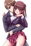  1girl blazer blush breasts brown_eyes brown_hair cling copyright_request couple hetero highres hug jacket large_breasts long_hair miniskirt nanno_koto panties pantyshot plaid plaid_skirt school_uniform side_ponytail skirt underwear white_panties 