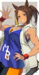  1girl absurdres animal_ears basketball_jersey black_choker blue_shirt border breasts brown_eyes brown_hair choker commentary_request cowboy_shot dark-skinned_female dark_skin earrings grey_background grin hand_on_own_hip hand_up highres horse_ears horse_girl horse_tail jacket jewelry large_breasts looking_at_viewer medium_hair michelle_my_baby_(umamusume) necklace orange_pants outside_border pants partial_commentary ponytail reibun_(raven1119) shirt sidelocks single_earring sleeveless sleeveless_jacket smile solo standing tail teeth umamusume umamusume:_cinderella_gray waving white_border white_jacket wristband 
