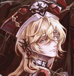  1boy alkaid_mcgrath alternate_costume ascot barbell_piercing black_ascot blonde_hair chinese_commentary closed_mouth crescent crescent_earrings crossed_bangs ear_covers ear_piercing earrings gem green_eyes hair_between_eyes hat jewelry looking_up lovebrush_chronicles male_focus medium_hair mitre piercing portrait red_gemstone red_hat smile snow234 solo 