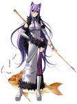  animal_ears artist_request asymmetrical_clothes boots china_dress chinese_clothes copyright_request dress elbow_gloves fingerless_gloves fish fishing_rod gloves long_hair polearm purple_eyes purple_hair side_slit single_thighhigh solo spear thighhighs very_long_hair weapon 