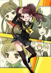  4girls amagi_yukiko animal_ears bad_id bad_pixiv_id blush glasses hanamura_yousuke hanao_(kuma-tan_flash!) kujikawa_rise kuma_(persona_4) long_hair multiple_boys multiple_girls narukami_yuu one_eye_closed panties pantyshot persona persona_4 pink-framed_eyewear pink_panties red_hair satonaka_chie shirogane_naoto side-tie_panties skirt tail tatsumi_kanji thighhighs underwear 