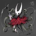  1girl absurdres arthropod_girl artist_name chinese_commentary cloak commentary_request crest_(hollow_knight) floating full_body highres holding holding_weapon holding_with_tentacle hollow_eyes hollow_knight hollow_knight:_silksong horned_mask hornet_(hollow_knight) horns mask needle_(hollow_knight) no_mouth red_cloak simple_background tentacles thiago_lehmann thread weapon white_background white_mask 