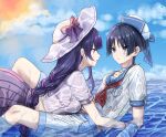 1boy 1girl alternate_costume alternate_universe anger_vein angry annoyed back_peek between_legs blue_eyes blue_hair blue_sky blurry blurry_background bra bra_visible_through_clothes braid chinese_commentary choker closed_mouth cloud cloudy_sky collarbone commentary_request crop_top duplicate expressionless from_side genshin_impact girl_on_top hair_between_eyes hat highres huiyue1016 incest knees_up leaning leaning_forward long_braid long_hair looking_at_another lying lying_on_person mole mole_under_eye mother_and_son on_person on_stomach outdoors pink_lips purple_bra purple_eyes purple_hair purple_shirt purple_skirt raiden_shogun ripples sailor_collar scaramouche_(genshin_impact) see-through_clothes see-through_shirt shade shirt short_hair short_sleeves shorts siblings single_braid skirt sky sun underwear upper_body wanderer_(genshin_impact) water wet wet_clothes wet_hair wet_shirt 