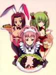  absurdres alternate_costume animal_ears anya_alstreim braid breasts bunny_ears bunnysuit c.c. china_dress chinese_clothes cleavage cleavage_cutout code_geass dress enmaided fishnet_pantyhose fishnets food green_hair highres kallen_stadtfeld leotard maid medium_breasts multiple_girls official_art pantyhose pink_leotard tabata_hisayuki 