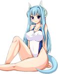  blue_eyes blue_hair blush breasts competition_swimsuit horns large_breasts legs long_hair nanashi_mushi one-piece_swimsuit original pointy_ears sitting smile solo swimsuit tail thick_thighs thighs very_long_hair 