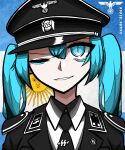  1girl aqua_hair argentinian_flag armor artist_name black_hat flag_background hair_between_eyes hat hatsune_miku highres koalakanru long_hair looking_at_viewer military_uniform nazi one_eye_closed pauldrons portrait reichsadler shirt shoulder_armor smile solo ss_insignia twintails very_long_hair vocaloid worldwide_miku 